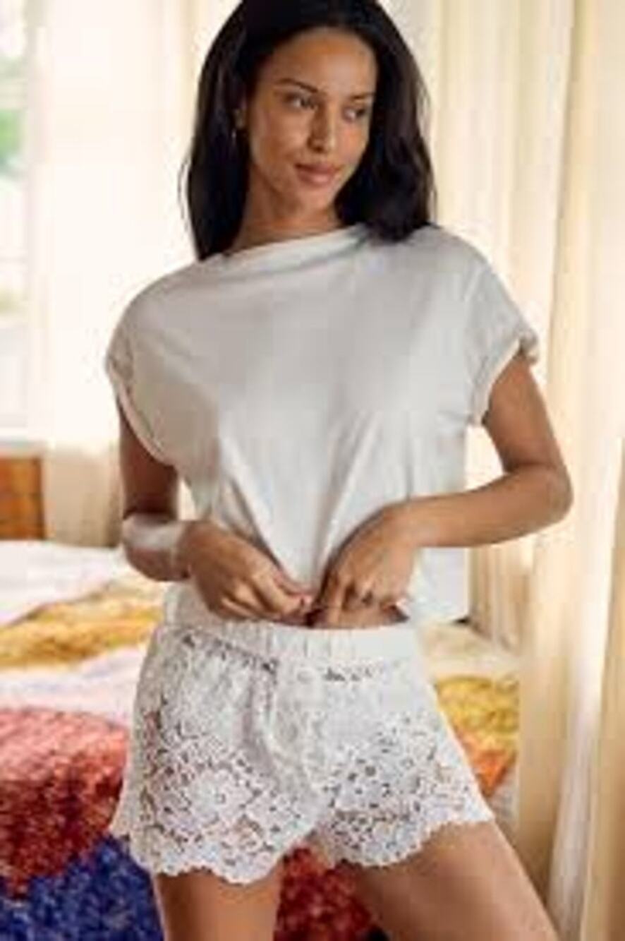 by ANTHROPOLOGIE Sheer Lace Boxer Shorts White Size Large L LOUNGEWEAR FEMININE